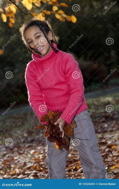 African American Girl Playing With Fall Leaves Stock Image Image Of