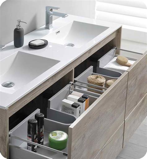 60" Rustic Natural Wood Wall Hung Double Sink Modern Bathroom Vanity