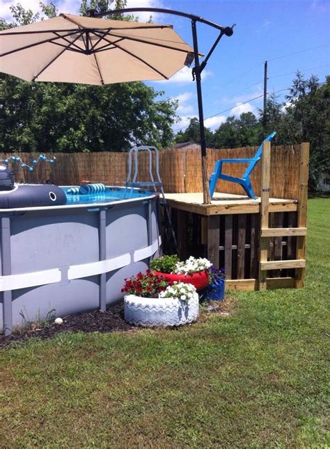 Above ground pools are great and cheap but if you want to take pool experience to the next level you need a place for sunbathing and relaxation next to the pool. Pallet pool deck | Pallet pool, Above ground pool decks ...