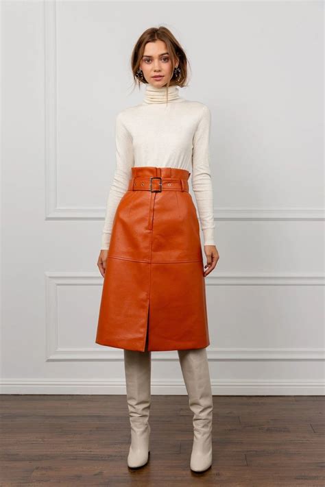 Jing Womens Skirts Orange Leather Belted Midi Skirt Belted Midi