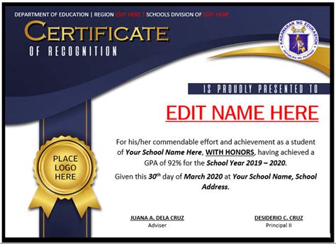 Honors Editable Deped Certificate Of Recognition Template Awarded To