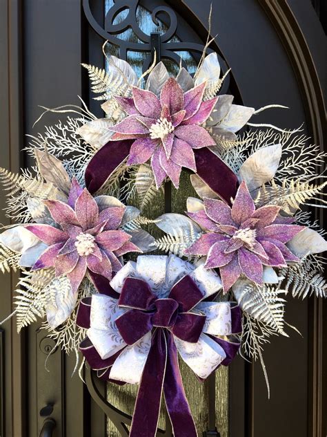 Large Purple And Silver Christmas Wreath Elegant Poinsettia Etsy