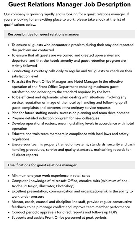 Guest Relations Manager Job Description Velvet Jobs