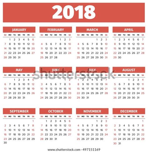 Simple 2018 Year Calendar Week Starts Stock Vector Royalty Free 497151169