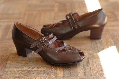 40s Brown Leather Mary Janes 1940s Shoes Comfortable Heels Off Black Dark Brown Leather Mary