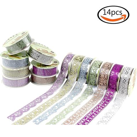 goodlucky365 14 rolls multicolor washi lace pattern glitter self adhesive tape masking diy