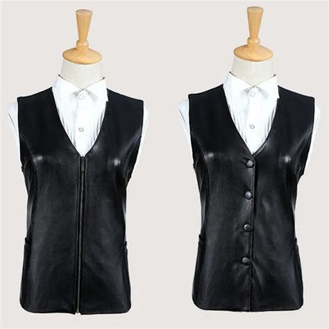 2016 High Quality Autumn Winter Women Genuine Leather Black Vests V Neck Sleeveless Jackets Plus