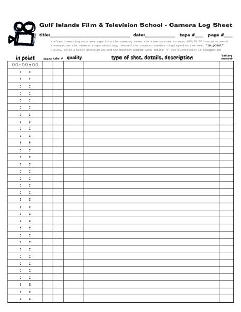 Camera Log Sheet Photography Equipment Manufactured Goods