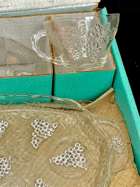 A Vintage Anchor Hocking Serva Snack Set Sparkling Crystal Glass Leaves