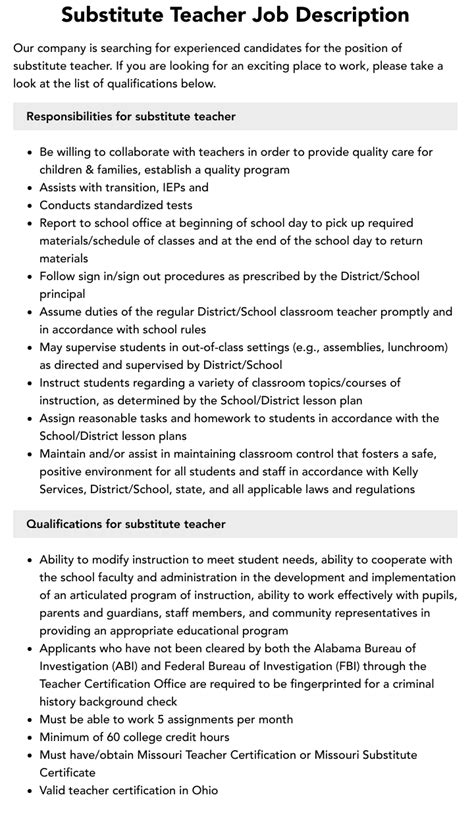 Substitute Teacher Job Description Velvet Jobs