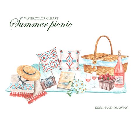 Picnic Watercolor Clipart Summer Picnic Clipart Picnic Basket By