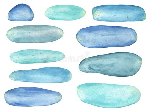 Abstract Watercolor Blue Sea Glass Stones Set Isolated On A White