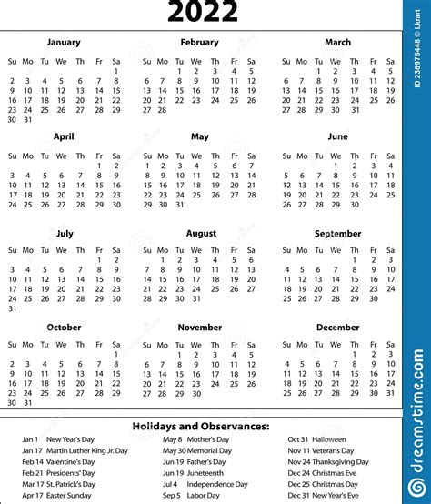 2022 Year Full Page Calendar With Holidays Listed Stock Vector