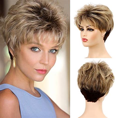 baruisi short pixie cut wigs for women blonde synthetic layered hair wig with bangs