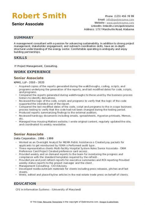 Senior Associate Resume Samples Qwikresume