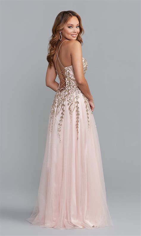 Corset Back Long Prom Dress With Metallic Embroidery