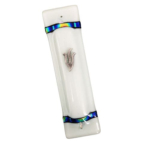 Jewish Ts Judaica White Iridescent Fused Glass Mezuzah