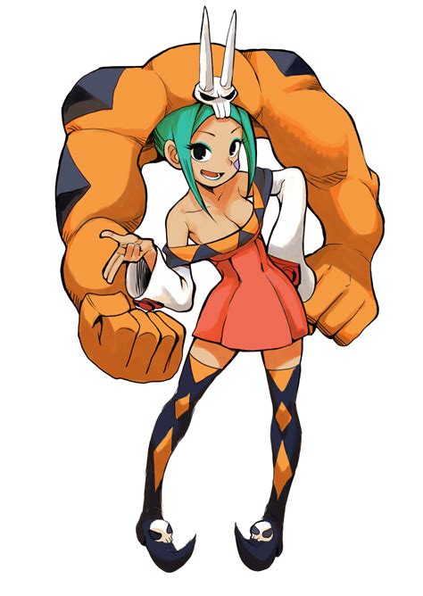 Safebooru Girl Aqua Hair Black Eyes Breasts Cerebella Skullgirls Cleavage Female Hand On