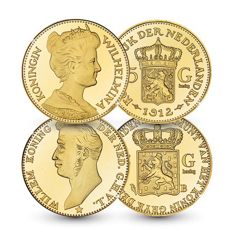 Gouden wilhelmina 5 gulden munt 1912 dit is het enige jaar dat de gouden 5 gulden munt met de beeldenaar van koningin wilhelmina g. Eerste en laatste 5 gulden set | Munt-Online.nl