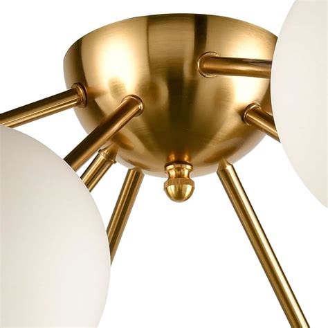 Brass Mid Century Opal Glass Shade Sputnik Ceiling Fixture 8 Lights
