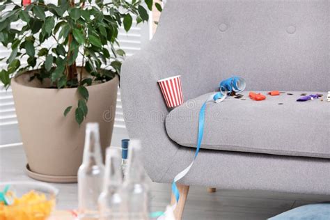 Living Room Interior With Messy Sofa After Party Stock Image Image
