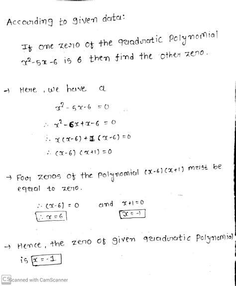 if one zero of the quadratic polynomial x 2 5x 6 is 6 then find the other zero