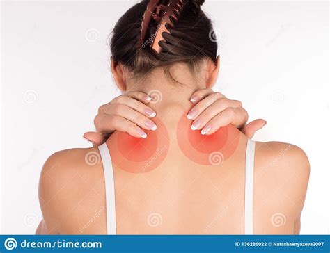 Muscle Spasm Woman With Neck And Shoulder Pain And Injury Back View