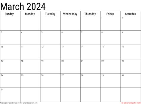 March 2024 Calendar With Holidays Handy Calendars