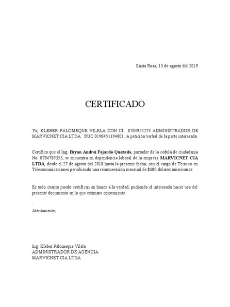 Certificado Laboral De Bryan Fajardo Pdf