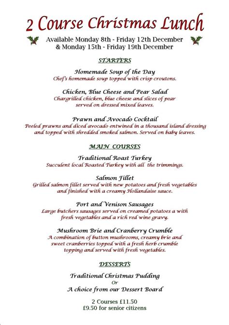 2 Course Christmas Lunch Menu 2014 The Brewers Arms