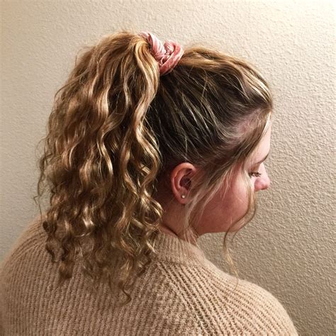 High Curly Pony Tail With Scrunchie Hairstyle Scrunchie Hairstyles Ponytail Hairstyles Hair