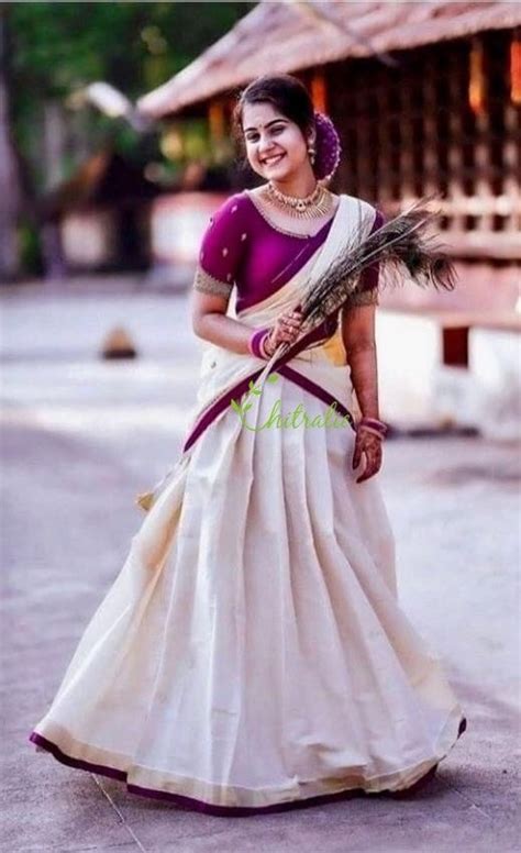 Traditional Kerala Gold Kasavu Tissue Dhavani With Purple Etsy Uk