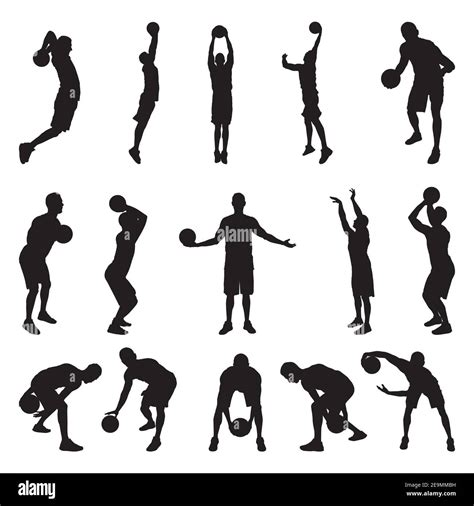 Basketball Spieler Silhouetten Vektor Illustration Dribbeln Hüpfen Vorbei Ball Schießen