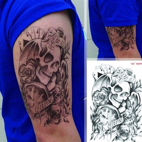 Men Male Sexy Temporary Tattoo Skull Clock Body Arm Stickers Removable Fashion Black Large