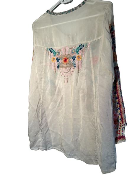 Johnny Was Women Tunic Blouse Top Xs Ivory Peacocks Aqua Pink Button