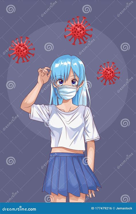 Beautiful Woman With Face Mask And Covid19 Particles Anime Style Stock