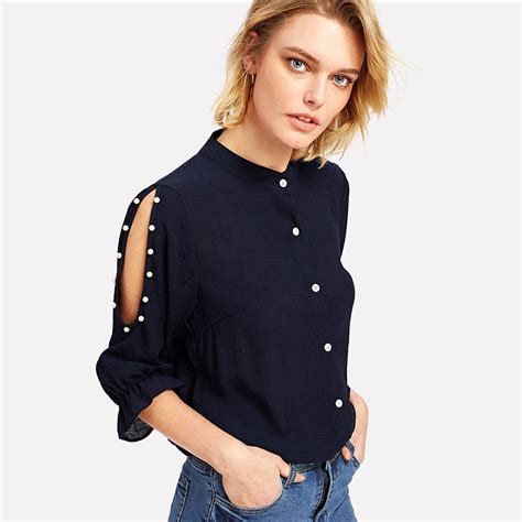 Dark Blue Office Lady Blouses Off Shoulder Stand Collar Fashion Ol Tops