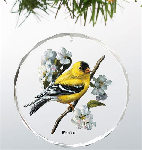 Spring Goldfinch Bird Round Glass Christmas Tree Ornaments Set Of 6