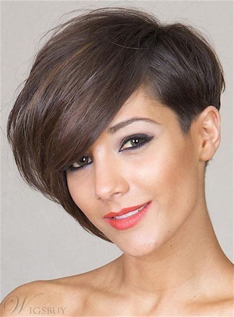 Short Tilted Pixie Hairstyle Straight Human Hairs Capless Women Wig Inches M Wigsbuy Com