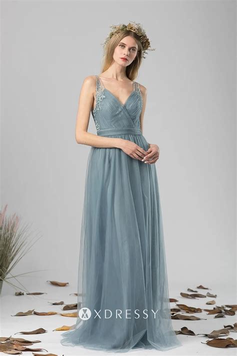 Dusty Blue Lace Appliqued Tulle V Neck Bridesmaid Dress Xdressy