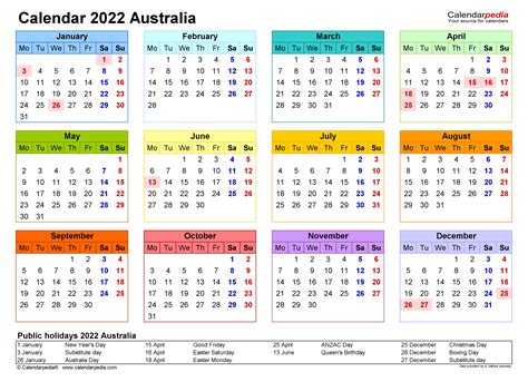 2022 Australia Annual Calendar With Holidays Free Printable Templates