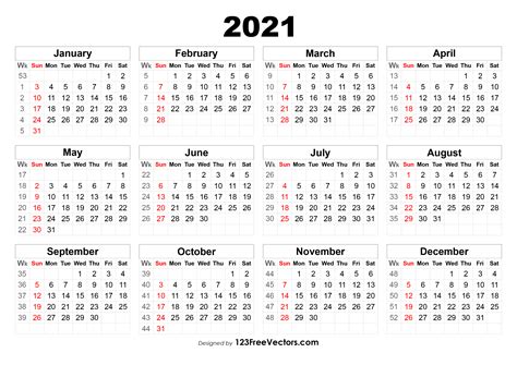 2021 Calendar With Week Number Printable Free 2021