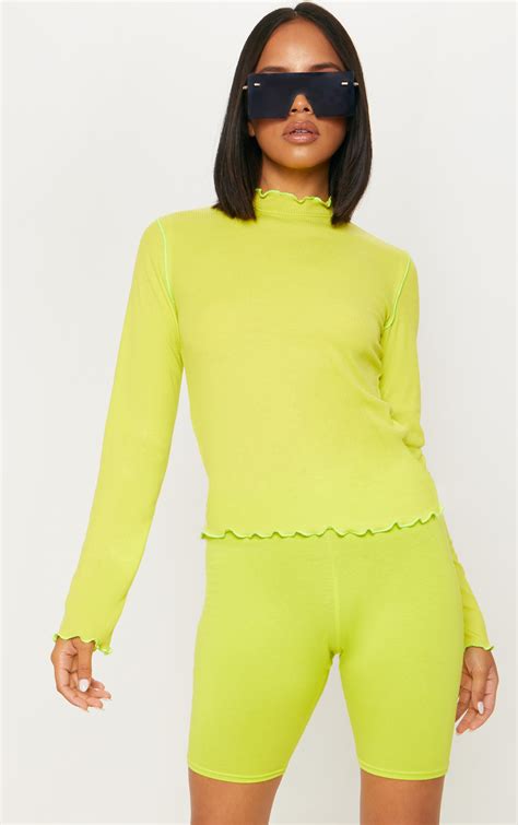 Neon Lime Frill Rib High Neck Top Tops Prettylittlething Usa
