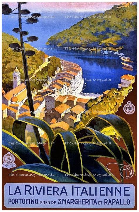 Vintage The Riviera Italy Travel Poster Print Digital Download Printable Image Instant Downlo