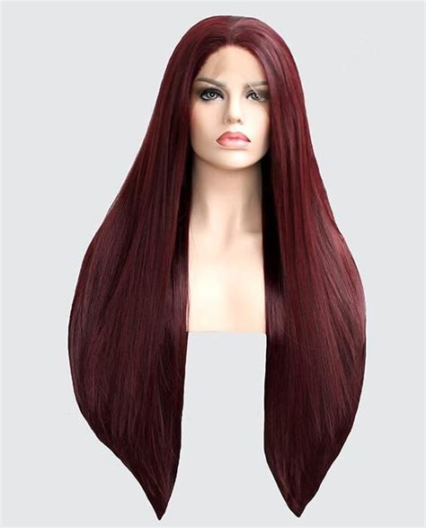 Long Burgundy Reddish Brown Straight Synthetic Lace Front Wig