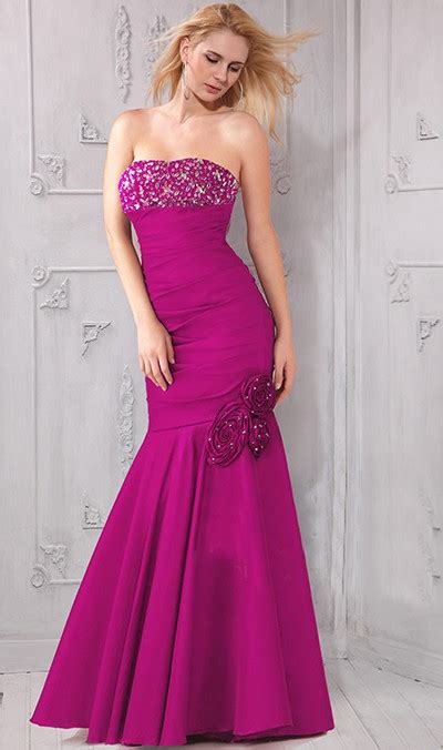 Mermaid Strapless Fuschia Taffeta Beaded Evening Prom Dress With Flowers