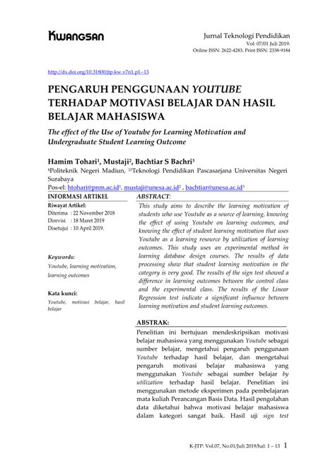 (PDF) PENGARUH PENGGUNAAN YOUTUBE TERHADAP MOTIVASI BELAJAR DAN HASIL BELAJAR MAHASISWA