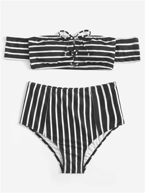 Black Striped Laced Up Bandeau Top Swimsuit High Waist Bikini Bottom