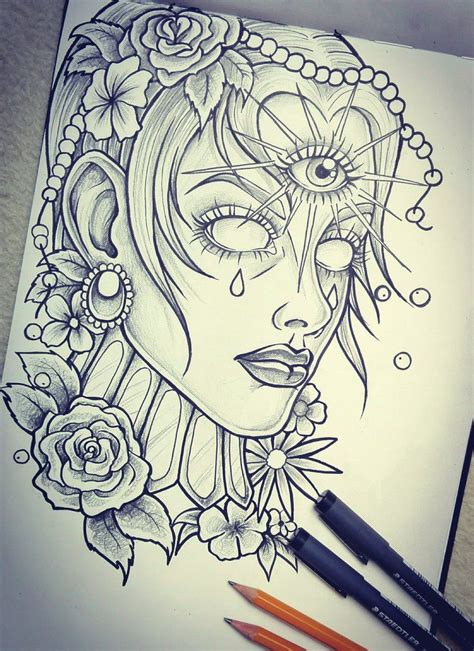A Drawing Of A Womans Face With Flowers On Her Head And Two Pencils