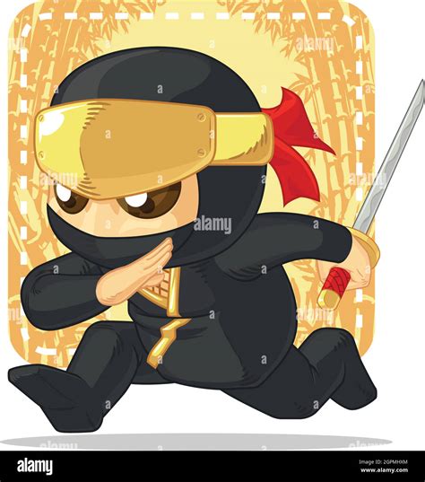 Cartoon Ninja Holding Japanese Sword Illustration Mascot Drawing Stock